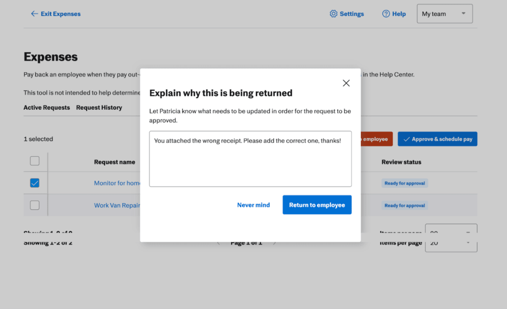 Justworks expense management screen showing option to return a reimbursement request with feedback to an employee