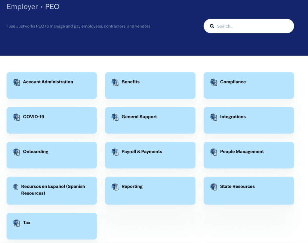 Justworks Help Center dashboard showing categories for HR, payroll, compliance, onboarding and people management resources