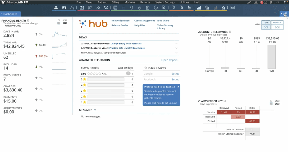  AdvancedMD dashboard showing accounts receivable, financial health and claims efficiency
