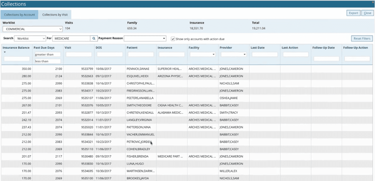 AdvancedMD collections worklist showing outstanding insurance balances and follow-up activity