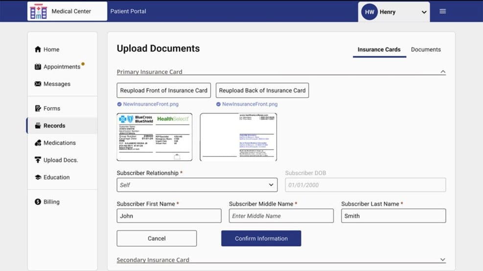 AdvancedMD insurance card worklist showing patient coverage information extracted from an uploaded card