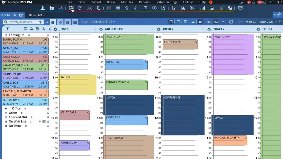 AdvancedMD practice management scheduler showing patient appointments across multiple providers
