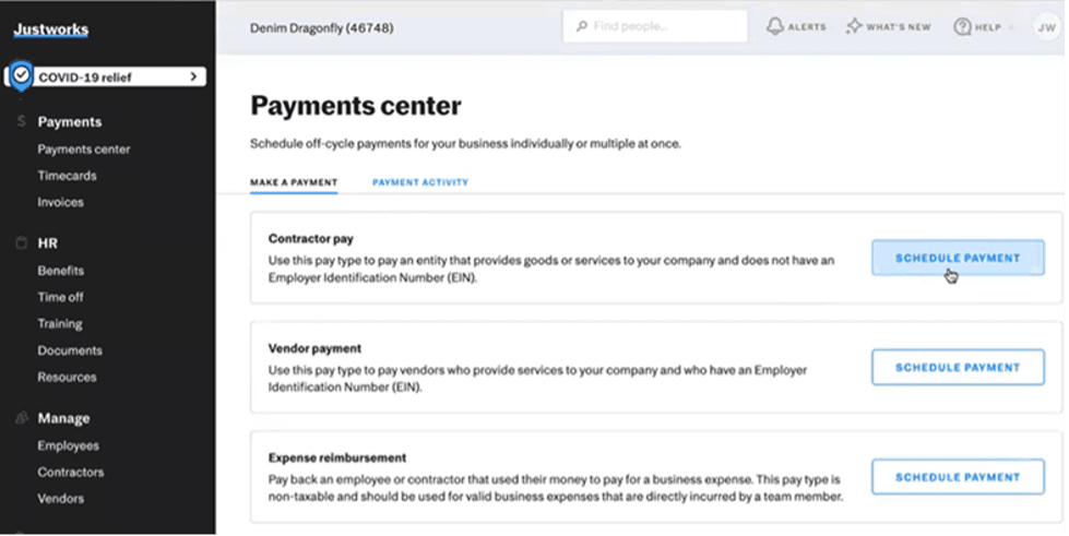 Justworks payments center