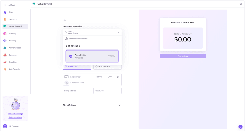 Helcim virtual terminal showing customer selection, payment fields and payment summary.