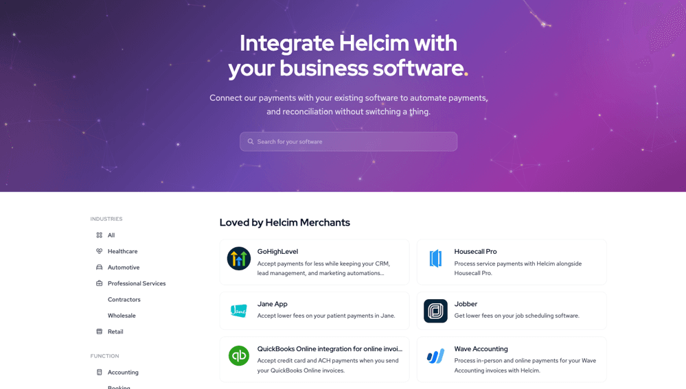 Helcim integrations directory showing connections with QuickBooks Online, Jobber, GoHighLevel, Jane App and other business software.