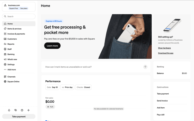 Square dashboard with navigation for payments, customers, reports, staff and banking
