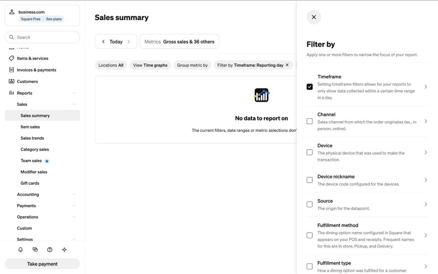 Square sales reporting dashboard with preset reports and filtering options