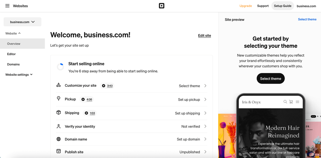Square online store dashboard with website customization, pickup, shipping and publishing options