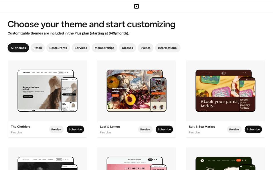 Square website themes for retail, restaurant, service and other businesses