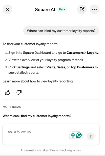 Square AI providing directions to find customer loyalty reports in Square Dashboard