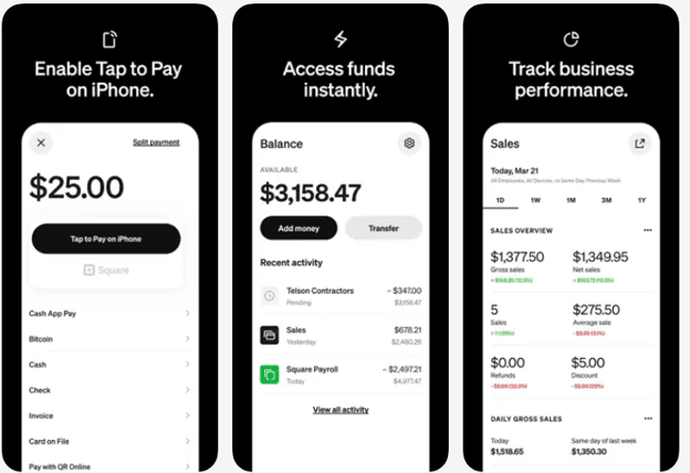 Square mobile app screens for Tap to Pay, account balances and sales reporting