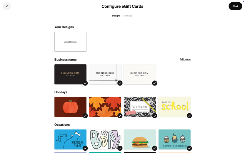 Square eGift Card setup screen with customizable gift card designs