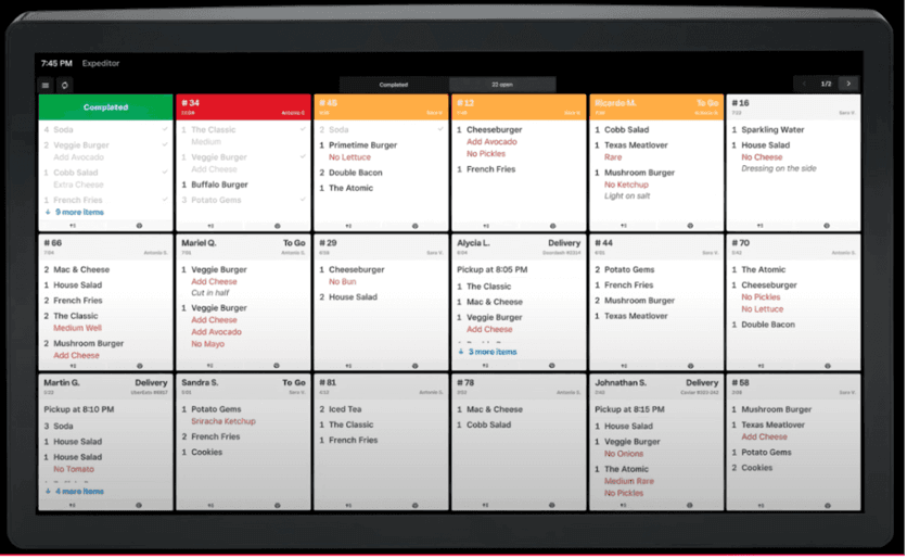 Square Kitchen Display System showing restaurant orders and fulfillment details