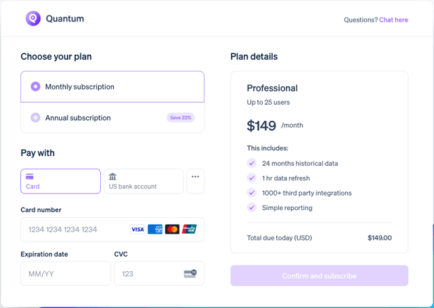 Stripe's checkout interface showing subscription billing options, card and bank account payment methods, and payment form fields.