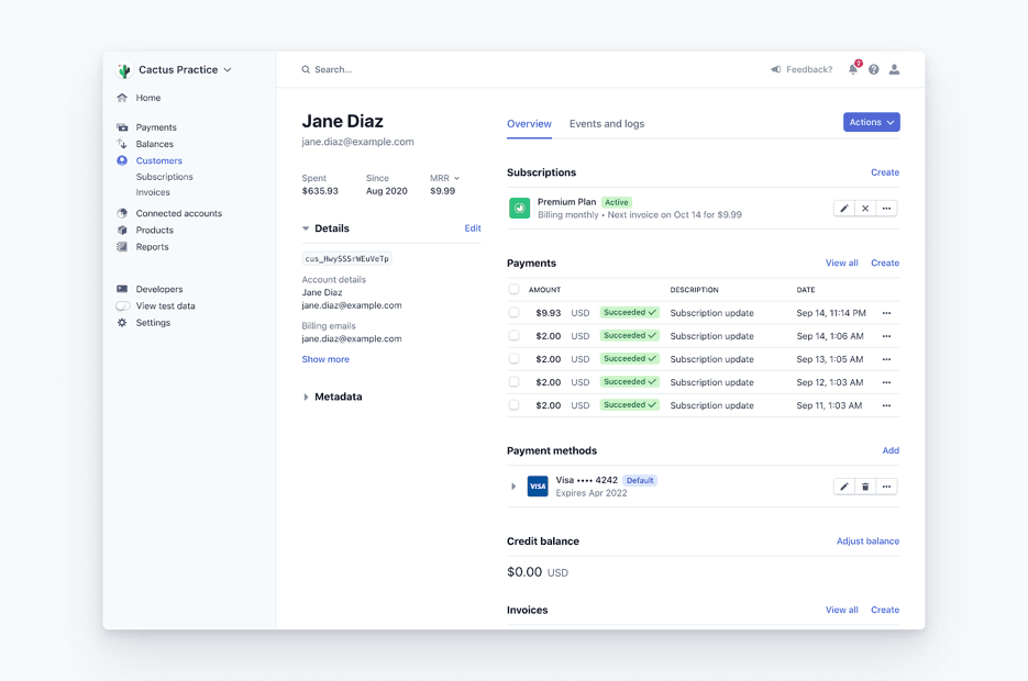 Stripe dashboard displaying customer information, subscription details, payment history and billing management tools.