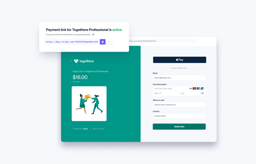 Stripe Payment Links dashboard showing a shareable payment link alongside a hosted checkout page for accepting online payments.