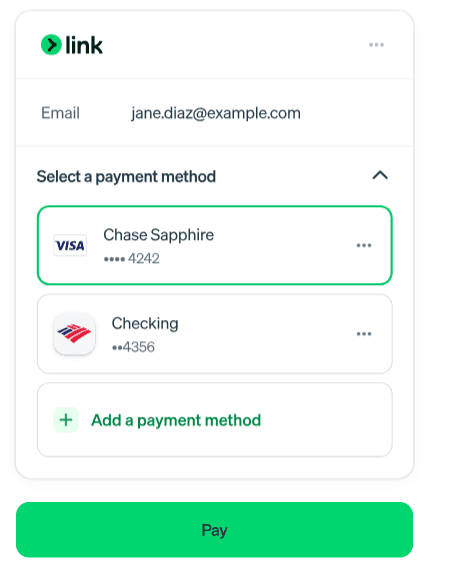 Stripe Link interface showing saved payment methods, including a credit card and bank account, for one-click checkout.