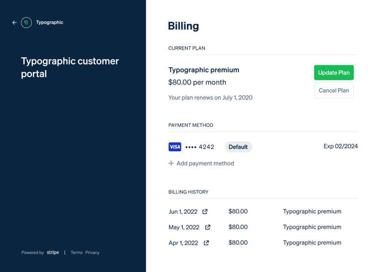 Stripe Billing customer portal showing a recurring subscription plan, saved payment method and billing history.