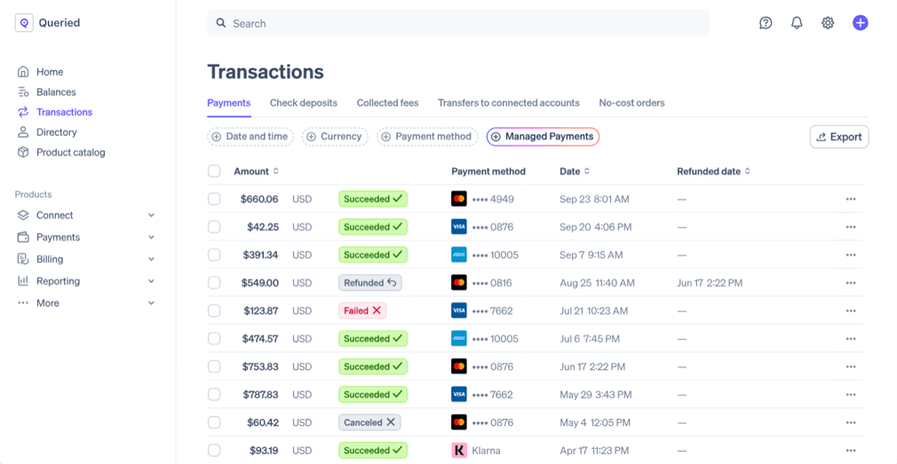 Stripe Managed Payments dashboard showing transaction records, payment statuses and filtering options within the Payments tab.