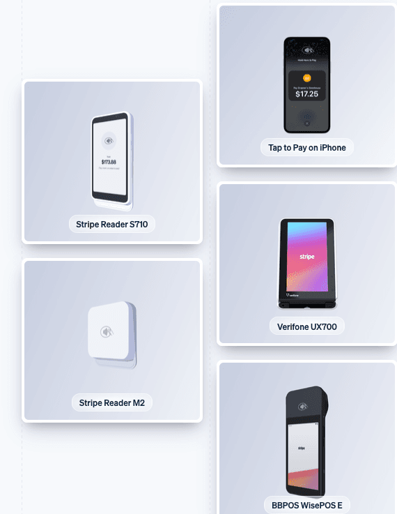 Stripe Terminal payment devices, including the Reader S710, Reader M2 and Tap to Pay on iPhone
