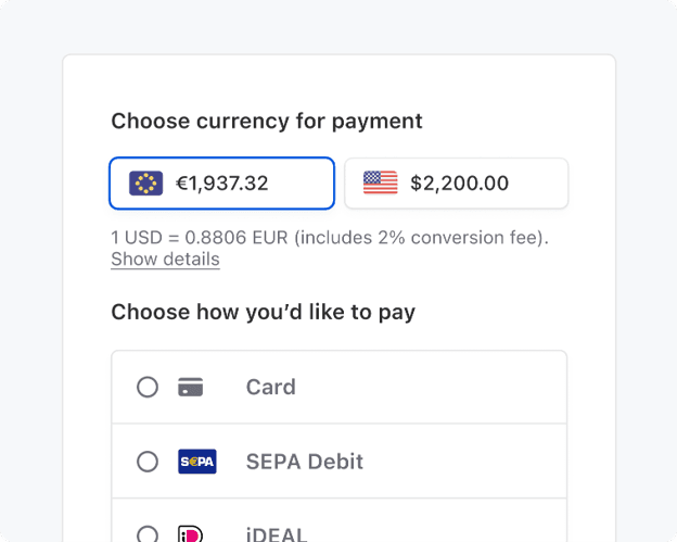 Customer checkout screen showing prices in euros and U.S. dollars with local payment method options