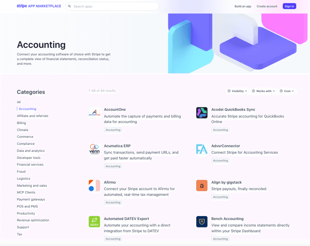 Stripe App Marketplace showing accounting software integrations and third-party app connections