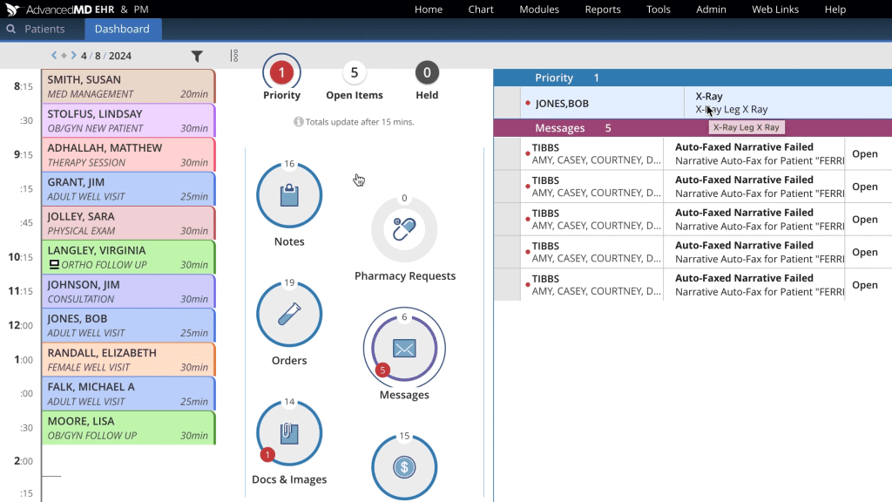 AdvancedMD EHR dashboard showing a color-coded daily schedule, task indicators and priority messages.