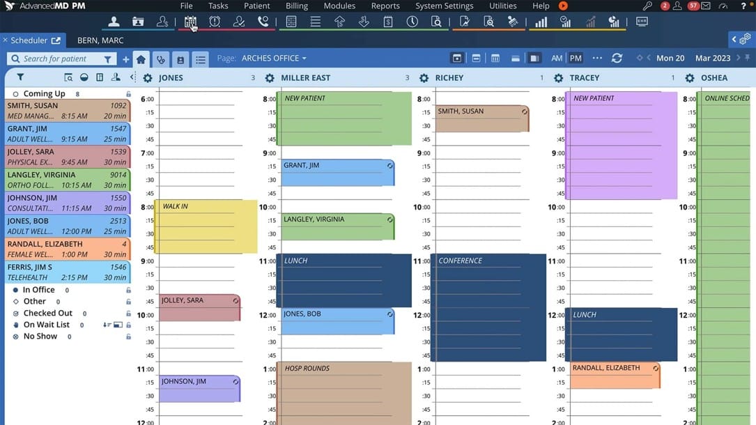 AdvancedMD scheduling calendar showing color-coded appointments across multiple providers.