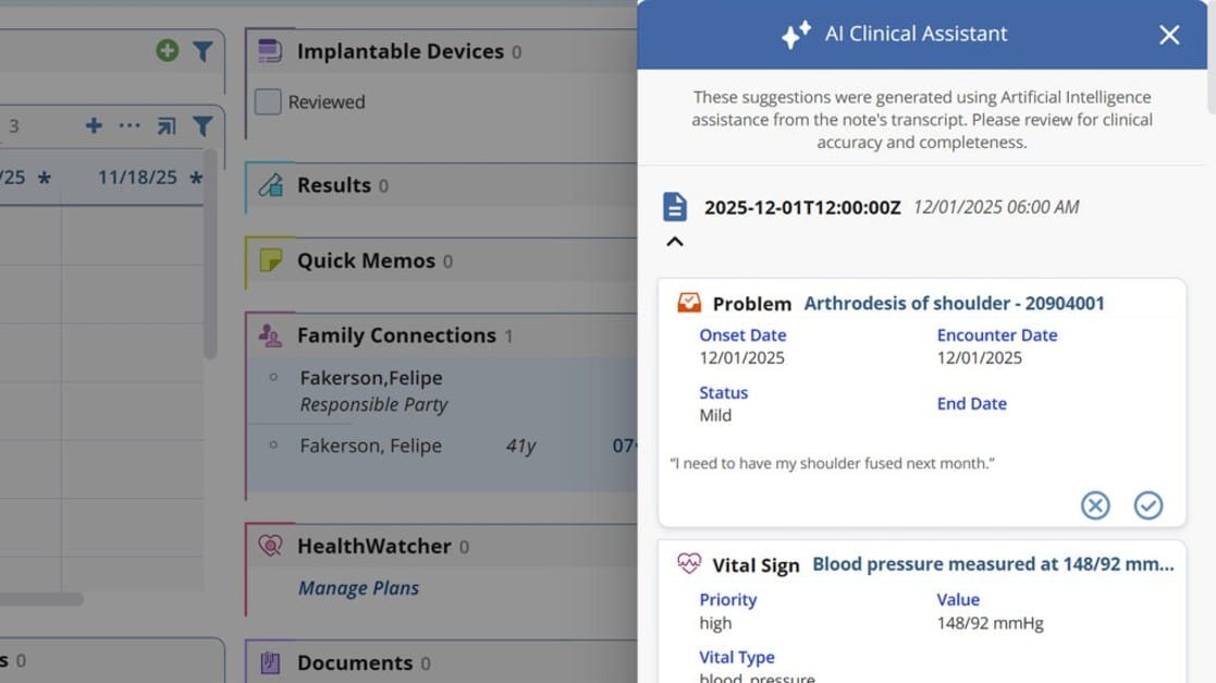 AdvancedMD AI Clinical Assistant suggesting patient chart updates based on a visit transcript.