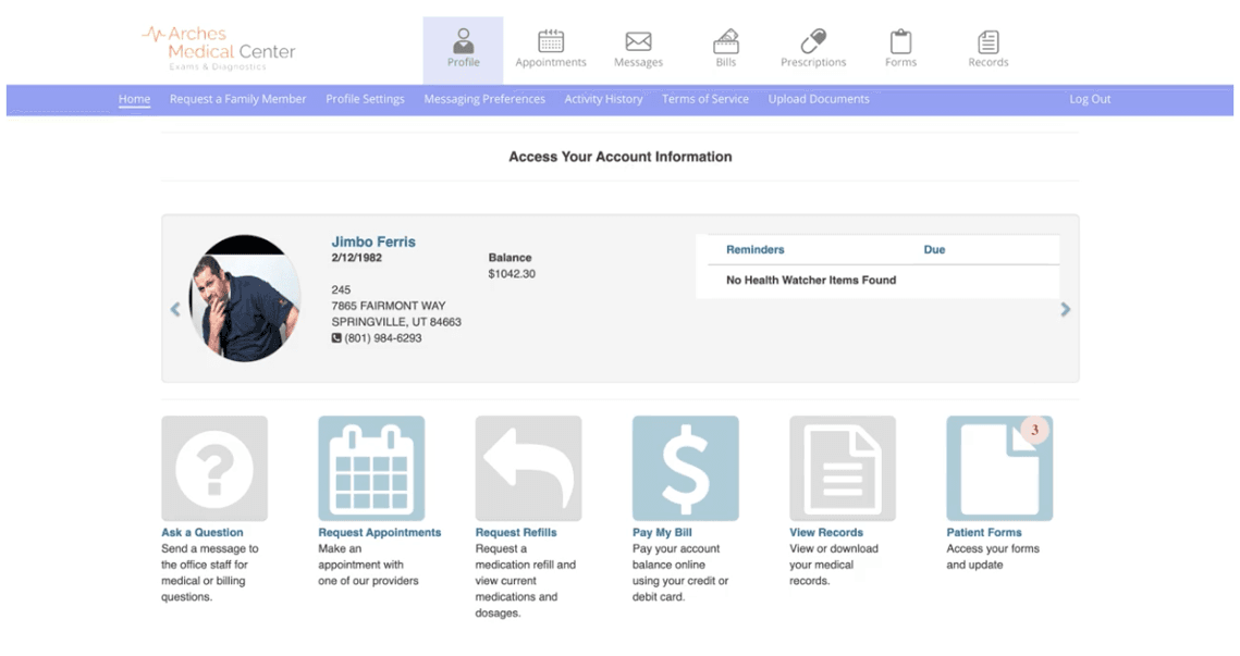  AdvancedMD patient portal showing options for appointments, messages, bills, prescriptions, forms and medical records.