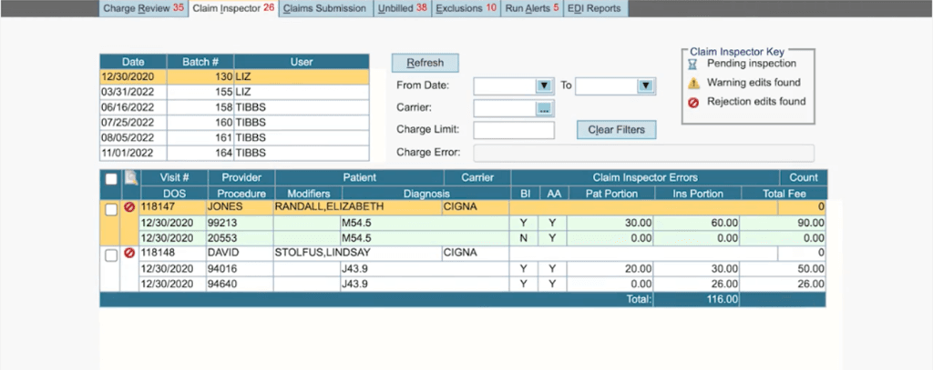 AdvancedMD Claim Inspector showing claims flagged for errors before submission.