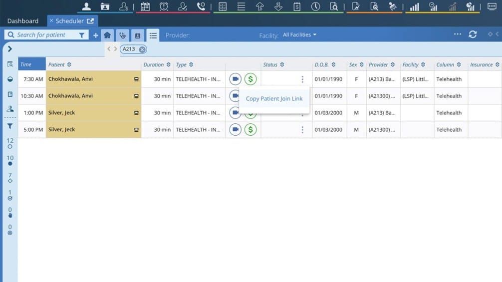 AdvancedMD scheduler showing telehealth appointments, video visit links and payment options.