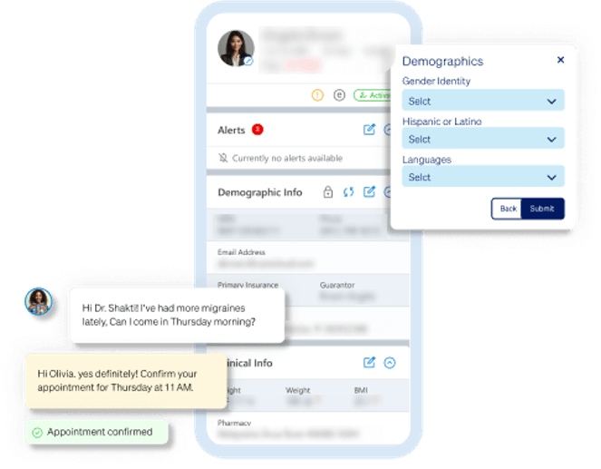 CareCloud Companion mobile app displaying patient information, clinical details, alerts and provider communications