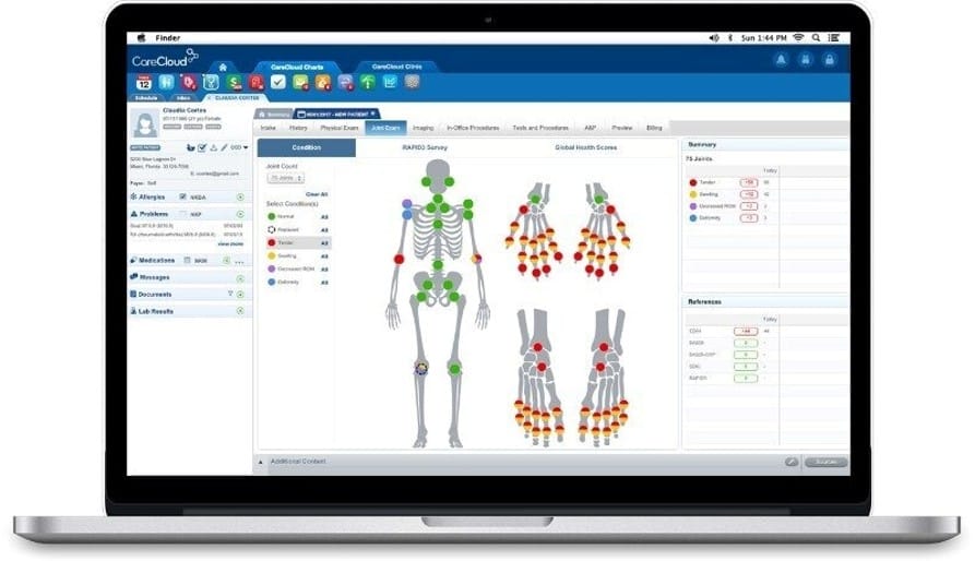 CareCloud charting screen displaying specialty-specific patient documentation, clinical data and condition tracking tools.