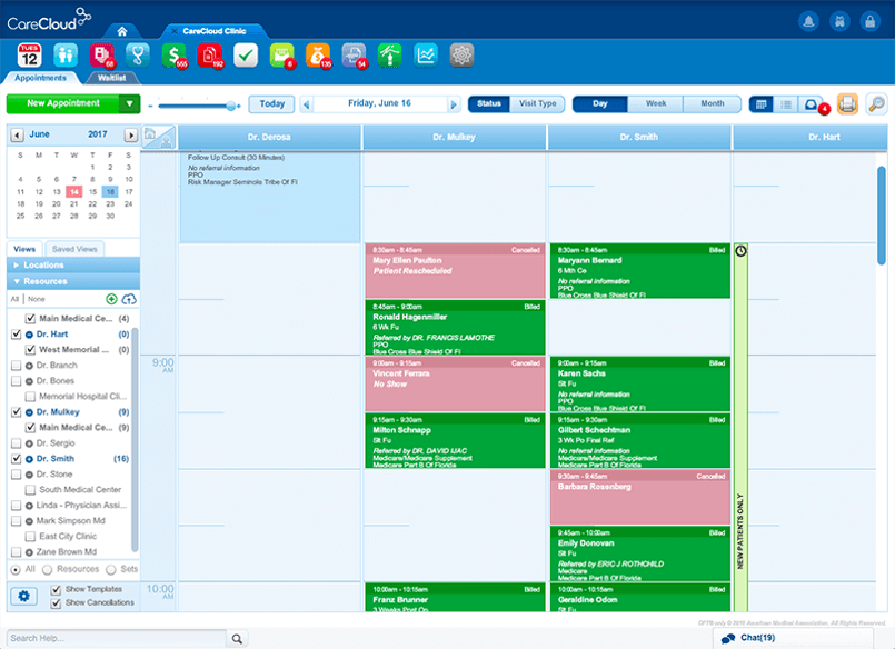 CareCloud appointment scheduling dashboard displaying provider calendars, appointment blocks and color-coded patient statuses.