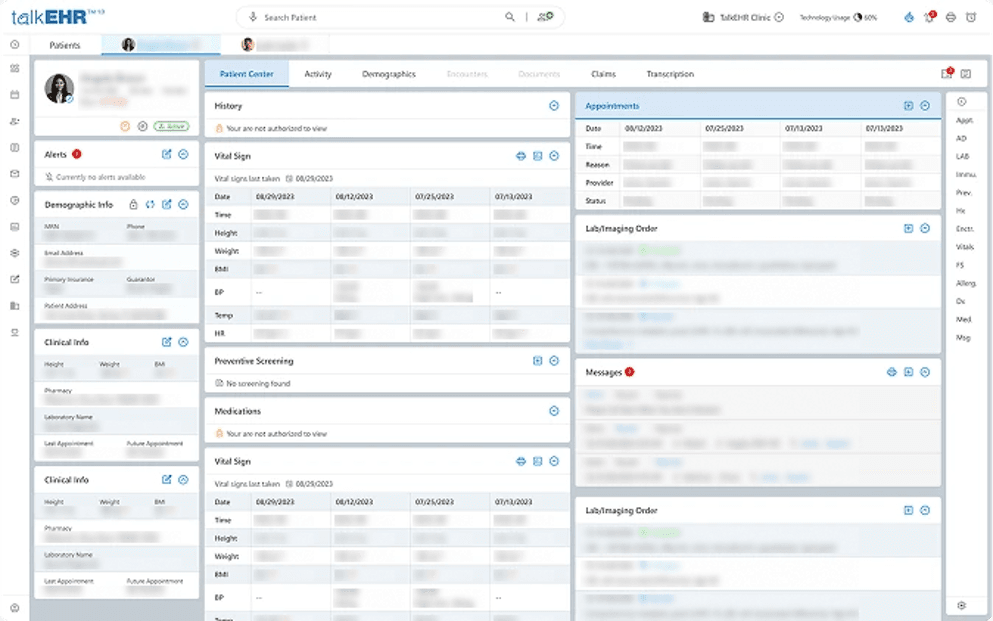 CareCloud Breeze patient portal displaying appointments, messages, demographics, vitals and clinical information.