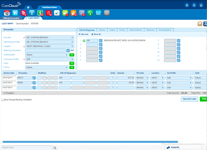 CareCloud billing module displaying ICD-10 coding, encounter details, insurance information and claim preparation tools.