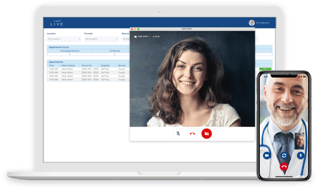 CareCloud Live telehealth interface showing a virtual patient visit on desktop and mobile devices.
