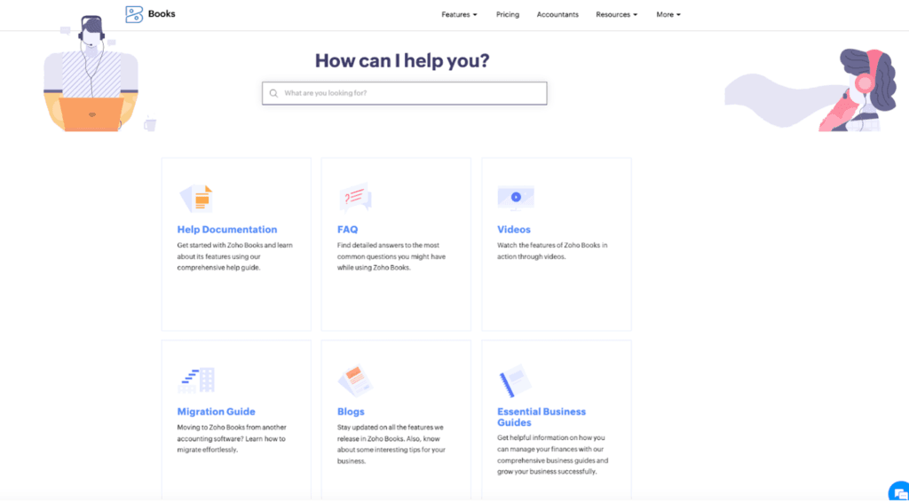 Zoho Books online support page