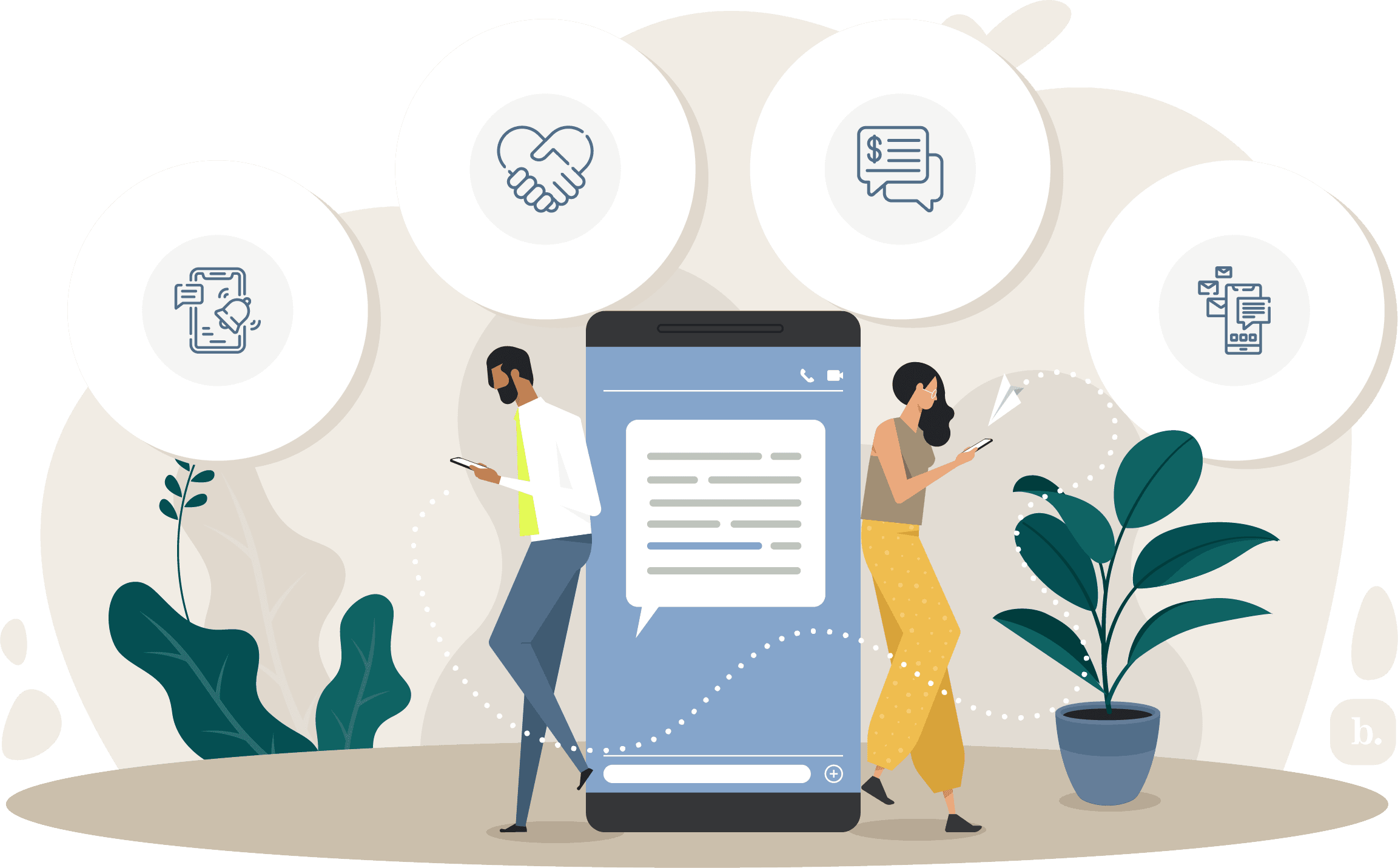 graphic of people leaning on a large smartphone