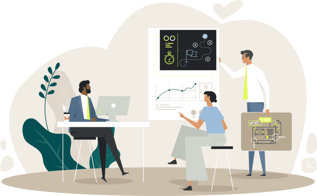 graphic of colleagues in a meeting next to a screen with graphs