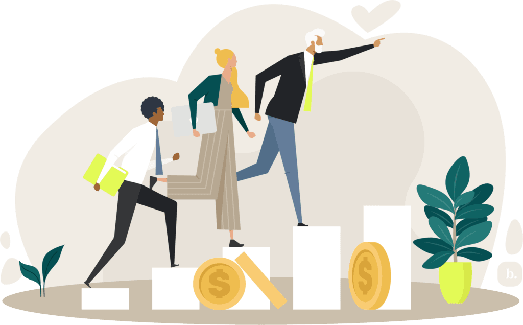 graphic of businesspeople running up steps with large coins below them