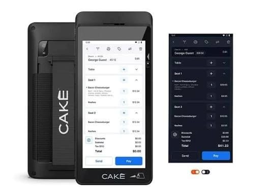 CAKE handheld restaurant POS terminal showing customer orders, menu items and payment options.