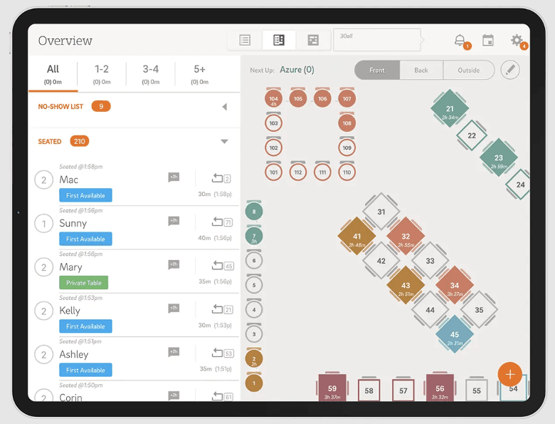 CAKE Guest Manager dashboard showing waitlists, table status and a customizable restaurant floor map.