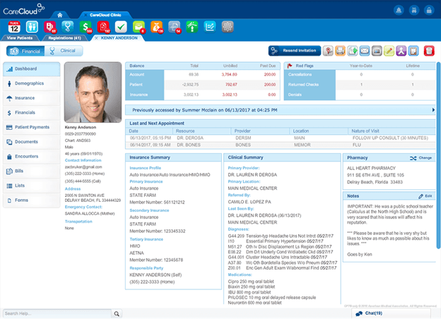 CareCloud patient dashboard showing demographics, insurance, financial and clinical information.