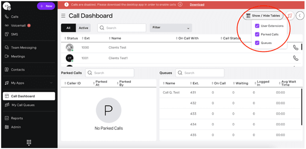 Vonage call dashboard showing user extensions, parked calls and call queues