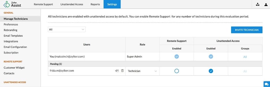 Zoho assist managing technicians