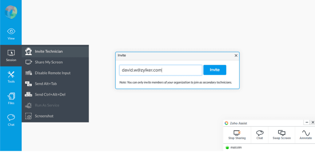 Zoho Assist invite technicians into a session