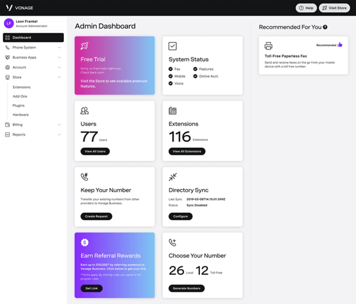Vonage dashboard
