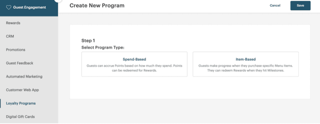 TouchBistro Loyalty setup screen showing options to create spend-based or item-based customer rewards programs.